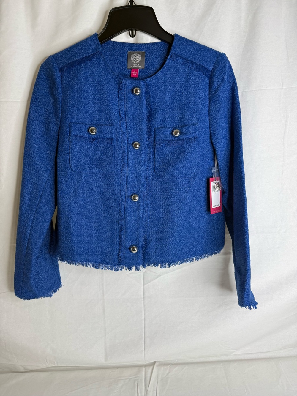 Vince Camuto Women's Blue Tweed Button-Front Fringe Hem Lined Jacket 4